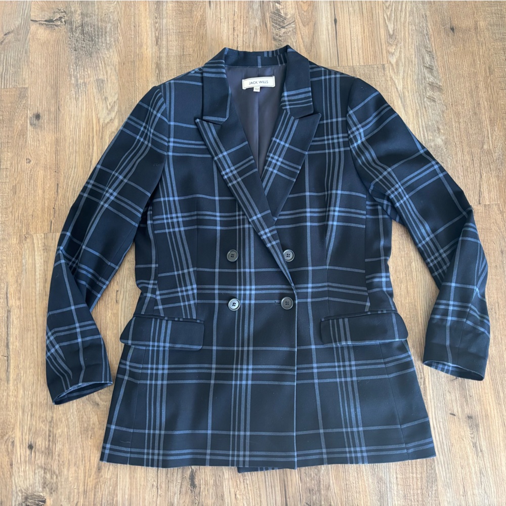 Jack Wills Double Breasted Blue Plaid Longline Blazer (size 8)